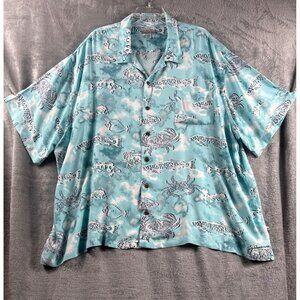 Mens Vintage Button-Up Hawaiian Themed Shirt With Crab & Fish Print Beach Shirt